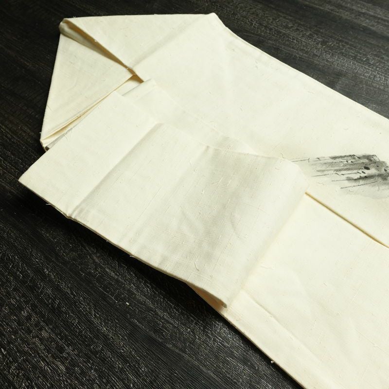 名古屋帯 太鼓柄 正絹 風景柄 名古屋仕立て なごや帯 リサイクル帯 帯 髭紬 シンプル クリーム_画像21