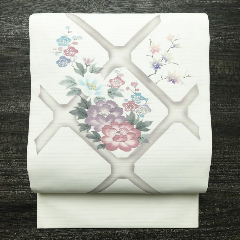 名古屋帯 太鼓柄 美品 夏用 ポリエステル 花柄 名古屋仕立て なごや帯 リサイクル帯 帯 シンプル 白_画像1