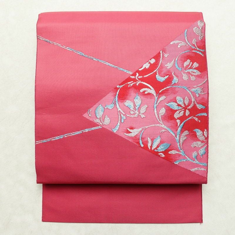 名古屋帯 太鼓柄 正絹 木の葉・植物柄 松葉仕立て なごや帯 リサイクル帯 帯 シンプル ピンク_画像1