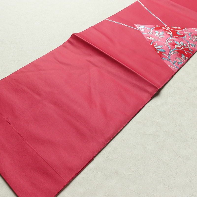 名古屋帯 太鼓柄 正絹 木の葉・植物柄 松葉仕立て なごや帯 リサイクル帯 帯 シンプル ピンク_画像9
