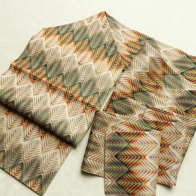 名古屋帯 全通柄 美品 正絹 木の葉・植物柄 名古屋仕立て なごや帯 リサイクル帯 帯 多色使い_画像16