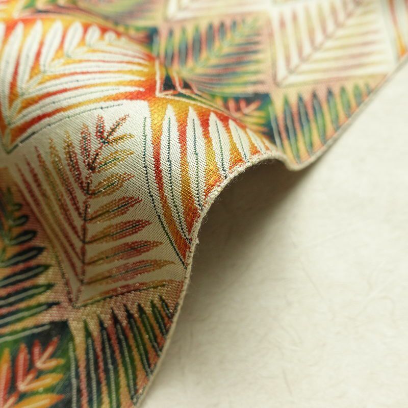 名古屋帯 全通柄 美品 正絹 木の葉・植物柄 名古屋仕立て なごや帯 リサイクル帯 帯 多色使い_画像18