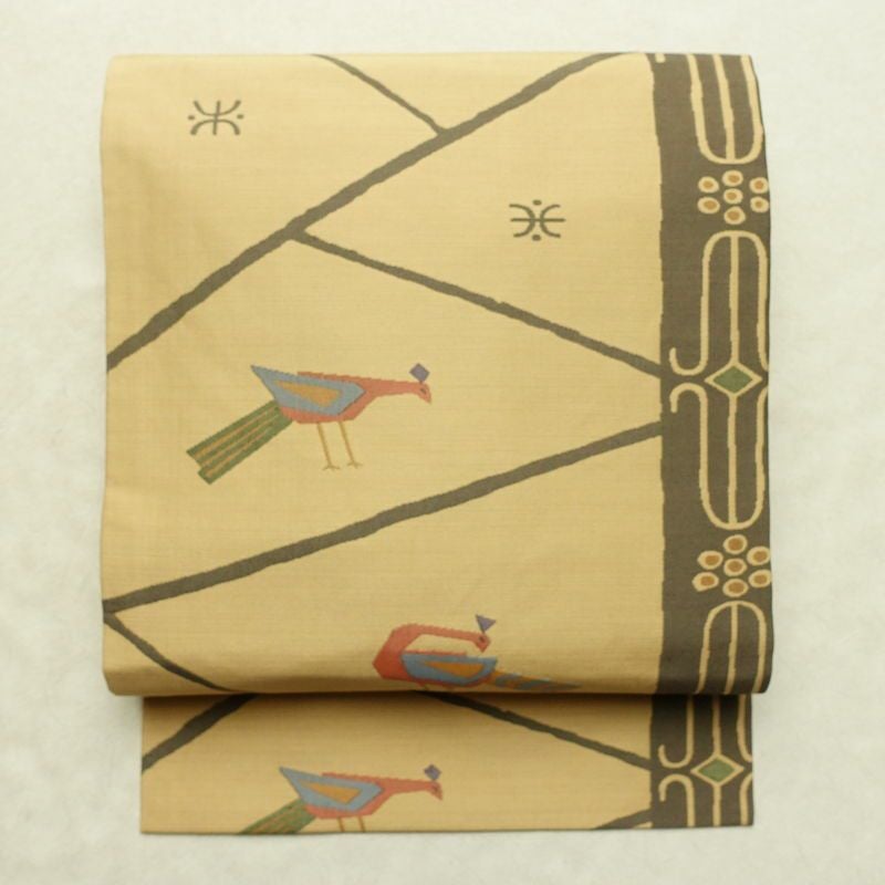 名古屋帯 六通柄 美品 正絹 人物・動物柄 名古屋仕立て なごや帯 リサイクル帯 帯 モダン ベージュ_画像1