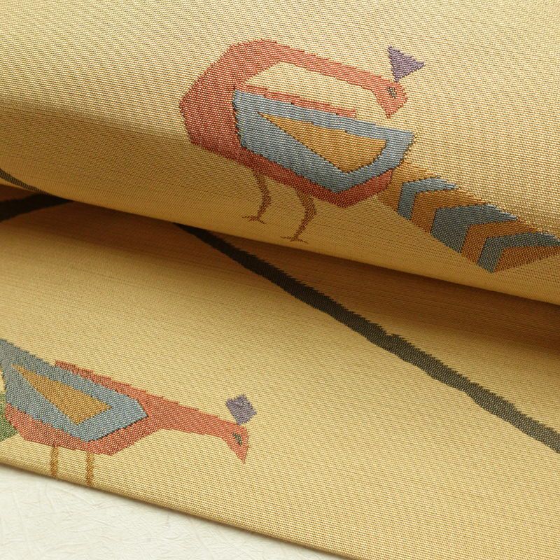 名古屋帯 六通柄 美品 正絹 人物・動物柄 名古屋仕立て なごや帯 リサイクル帯 帯 モダン ベージュ_画像8