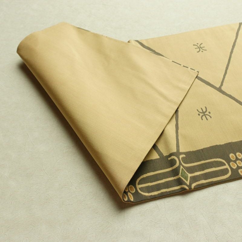 名古屋帯 六通柄 美品 正絹 人物・動物柄 名古屋仕立て なごや帯 リサイクル帯 帯 モダン ベージュ_画像10