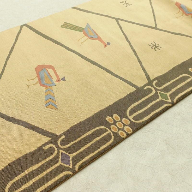 名古屋帯 六通柄 美品 正絹 人物・動物柄 名古屋仕立て なごや帯 リサイクル帯 帯 モダン ベージュ_画像11