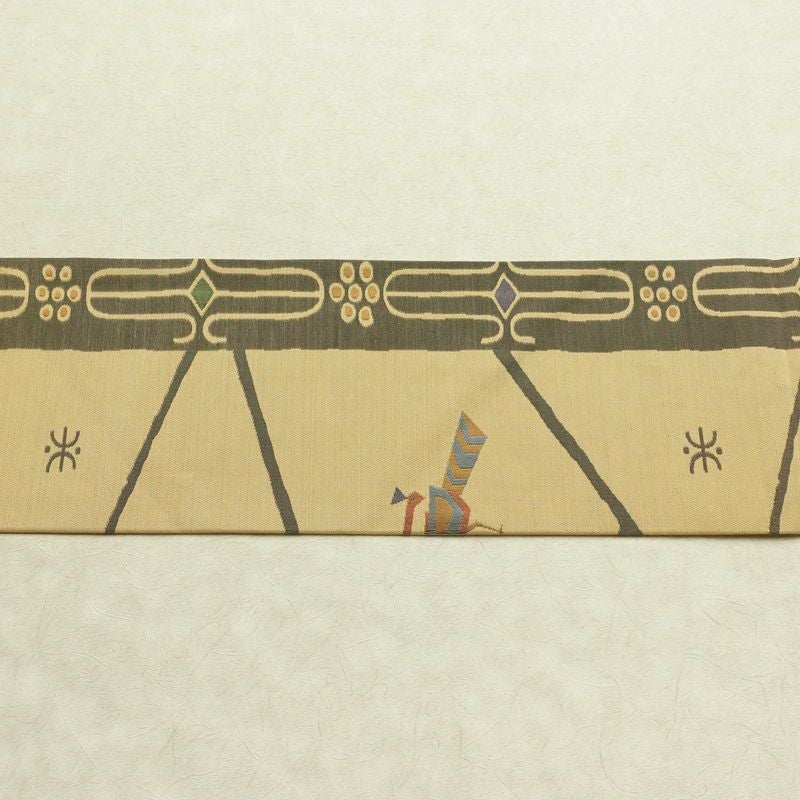 名古屋帯 六通柄 美品 正絹 人物・動物柄 名古屋仕立て なごや帯 リサイクル帯 帯 モダン ベージュ_画像14