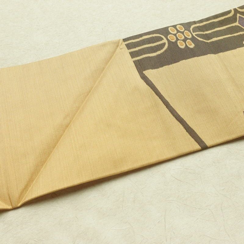 名古屋帯 六通柄 美品 正絹 人物・動物柄 名古屋仕立て なごや帯 リサイクル帯 帯 モダン ベージュ_画像15