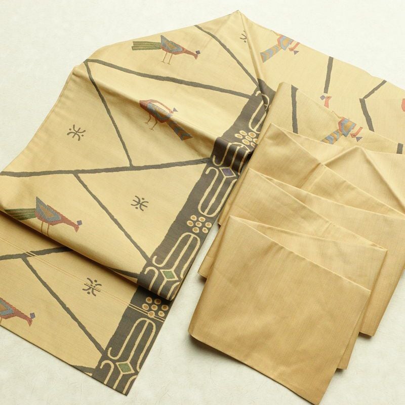 名古屋帯 六通柄 美品 正絹 人物・動物柄 名古屋仕立て なごや帯 リサイクル帯 帯 モダン ベージュ_画像17