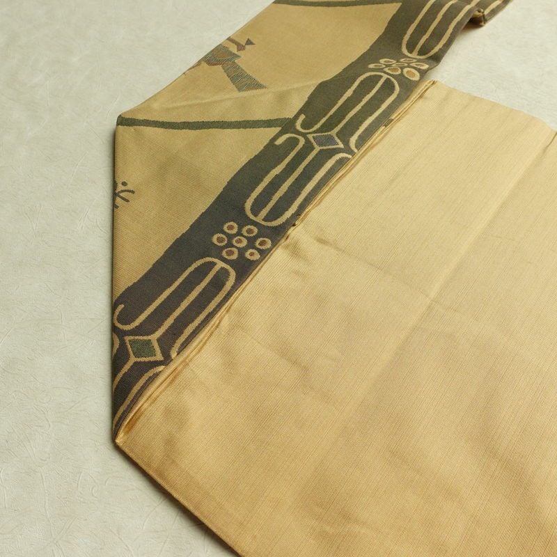 名古屋帯 六通柄 美品 正絹 人物・動物柄 名古屋仕立て なごや帯 リサイクル帯 帯 モダン ベージュ_画像19