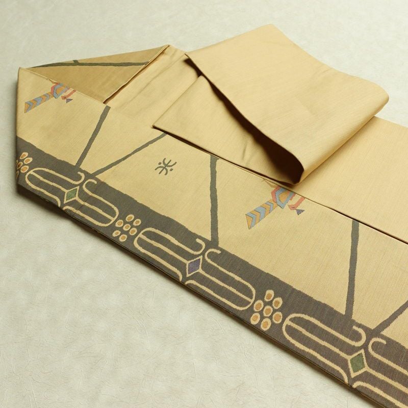 名古屋帯 六通柄 美品 正絹 人物・動物柄 名古屋仕立て なごや帯 リサイクル帯 帯 モダン ベージュ_画像21