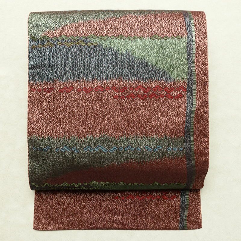 名古屋帯 六通柄 良品 正絹 幾何学柄・抽象柄 松葉仕立て なごや帯 リサイクル帯 帯 多色使い_画像1