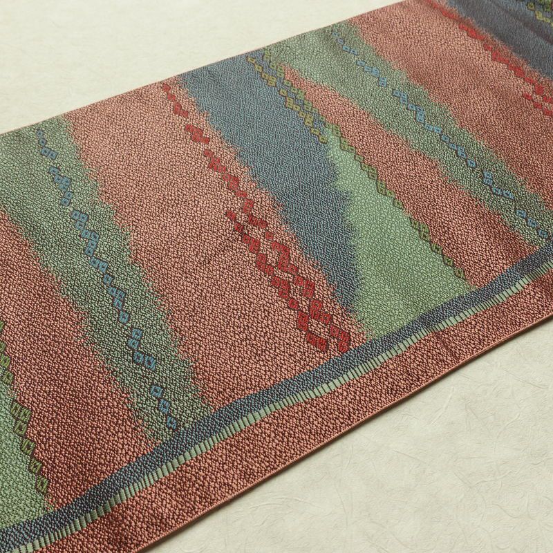 名古屋帯 六通柄 良品 正絹 幾何学柄・抽象柄 松葉仕立て なごや帯 リサイクル帯 帯 多色使い_画像11