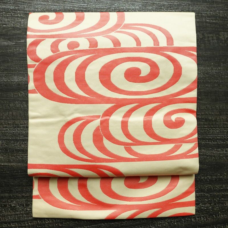 名古屋帯 六通柄 正絹 流水・波柄 名古屋仕立て なごや帯 リサイクル帯 帯 クリーム_画像1