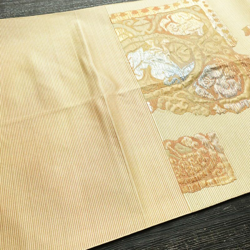 名古屋帯 六通柄 ふくれ織 正絹 幾何学柄・抽象柄 松葉仕立て なごや帯 リサイクル帯 帯 ベージュ_画像16