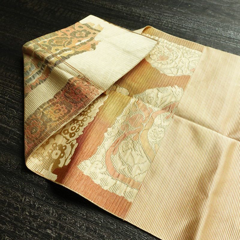 名古屋帯 六通柄 ふくれ織 正絹 幾何学柄・抽象柄 松葉仕立て なごや帯 リサイクル帯 帯 ベージュ_画像17