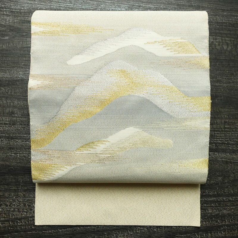 名古屋帯 太鼓柄 良品 正絹 風景柄 松葉仕立て なごや帯 リサイクル帯 帯 金糸 クリーム_画像1