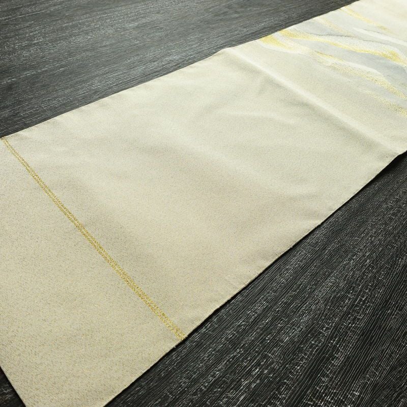 名古屋帯 太鼓柄 良品 正絹 風景柄 松葉仕立て なごや帯 リサイクル帯 帯 金糸 クリーム_画像9