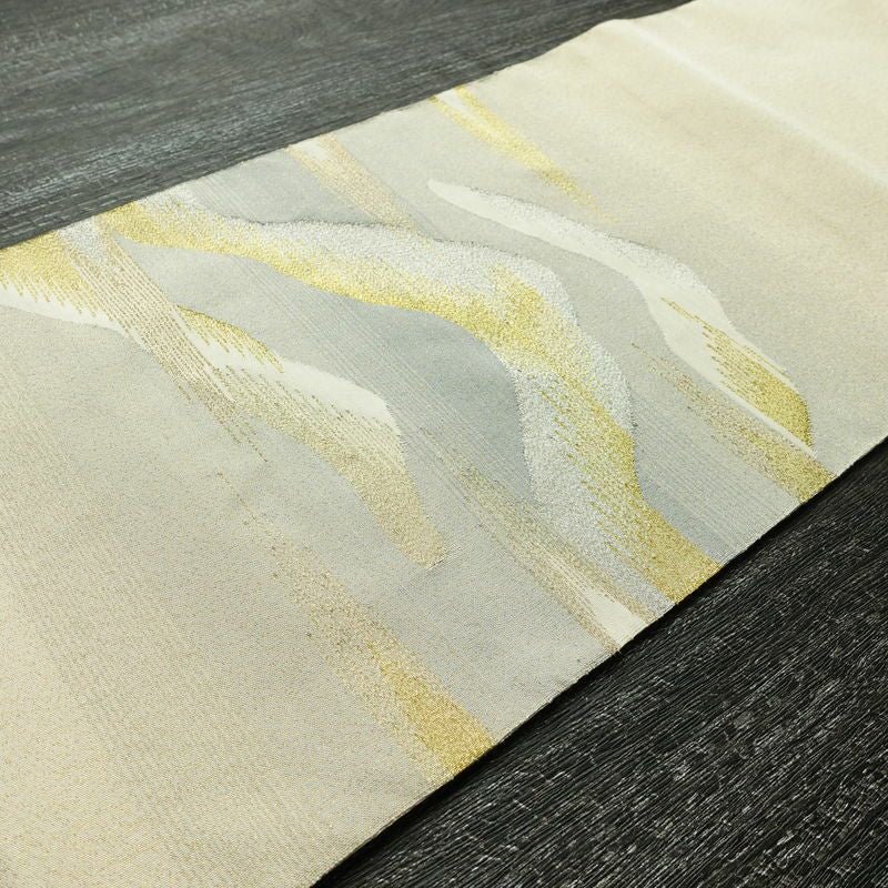 名古屋帯 太鼓柄 良品 正絹 風景柄 松葉仕立て なごや帯 リサイクル帯 帯 金糸 クリーム_画像12