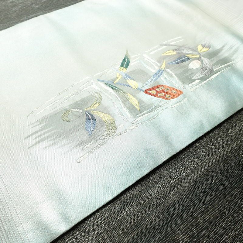 名古屋帯 太鼓柄 正絹 花柄 名古屋仕立て なごや帯 リサイクル帯 帯 モダン ブルーグレー グレー_画像11