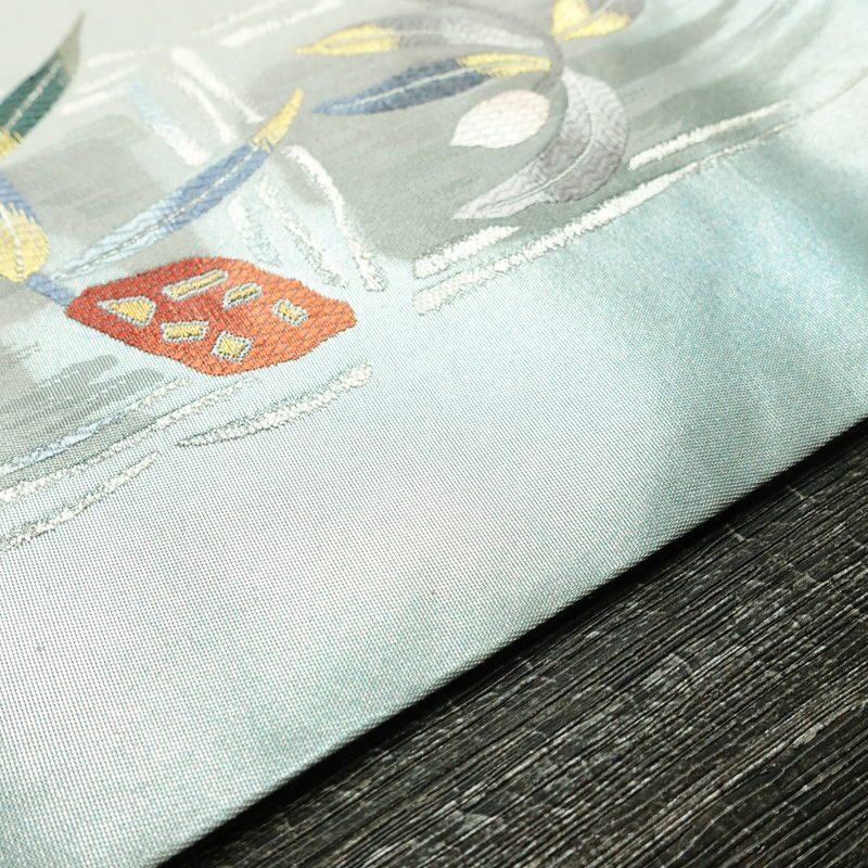 名古屋帯 太鼓柄 正絹 花柄 名古屋仕立て なごや帯 リサイクル帯 帯 モダン ブルーグレー グレー_画像13