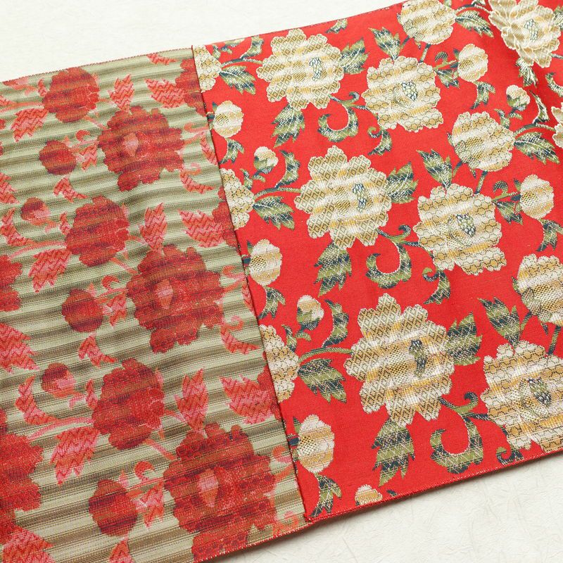 名古屋帯 全通柄 美品 正絹 花柄 松葉仕立て なごや帯 リサイクル帯 帯 菊 赤・朱_画像18