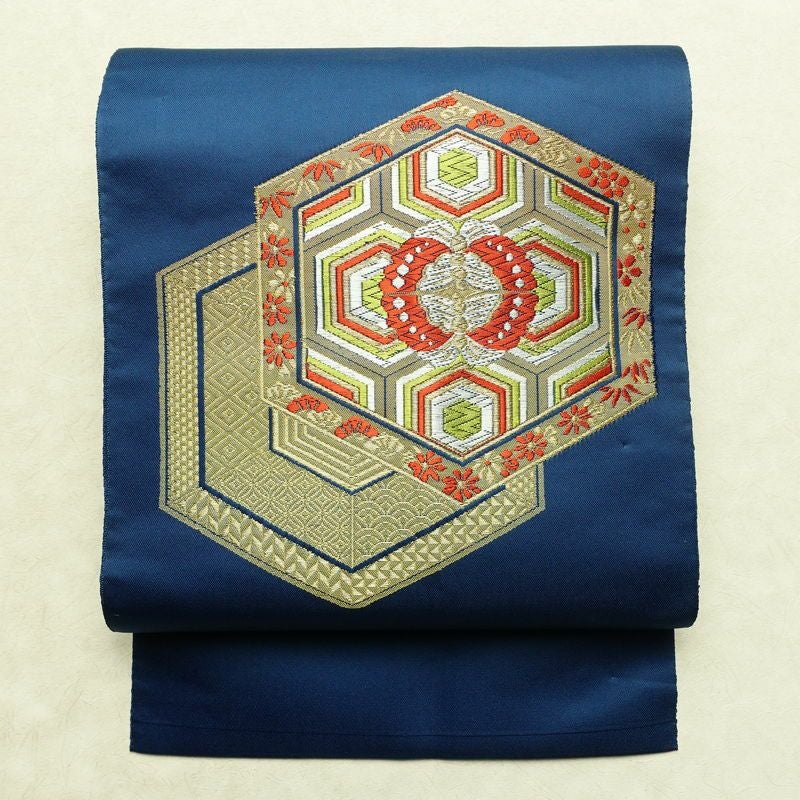 名古屋帯 太鼓柄 良品 ポリエステル 古典柄 名古屋仕立て なごや帯 リサイクル帯 帯 シンプル 青・紺_画像1