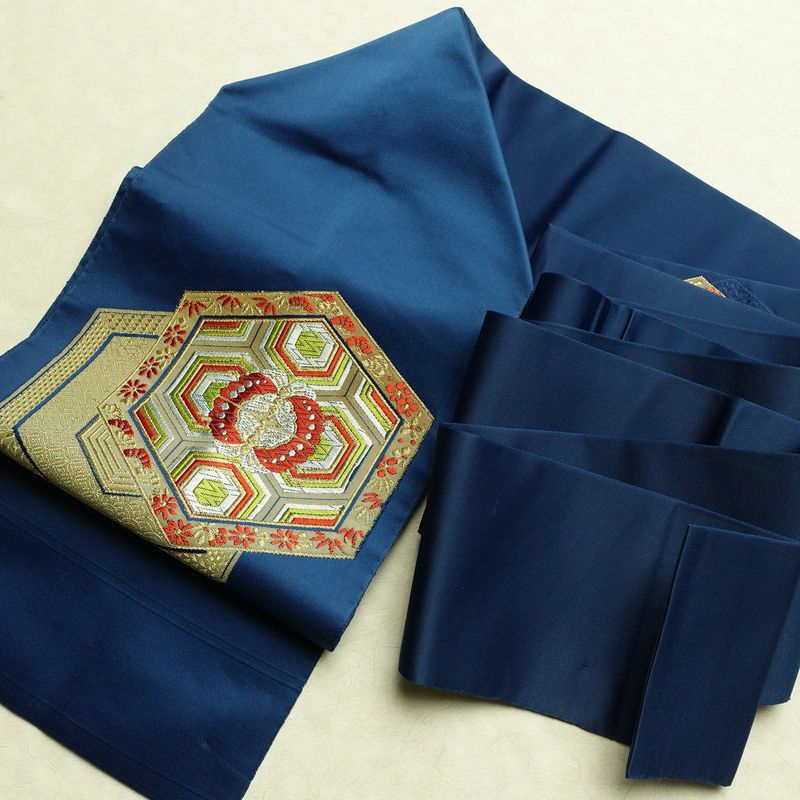 名古屋帯 太鼓柄 良品 ポリエステル 古典柄 名古屋仕立て なごや帯 リサイクル帯 帯 シンプル 青・紺_画像17