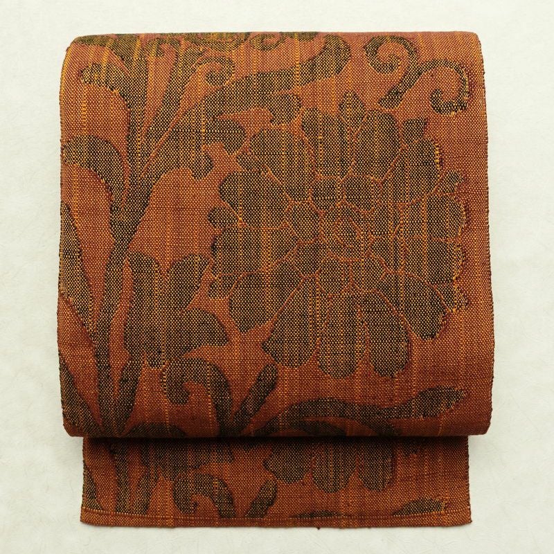 名古屋帯 六通柄 良品 正絹 木の葉・植物柄 名古屋仕立て なごや帯 リサイクル帯 帯 茶_画像1