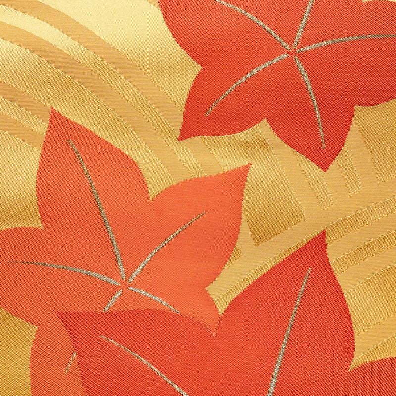 名古屋帯 六通柄 正絹 木の葉・植物柄 松葉仕立て なごや帯 リサイクル帯 帯 紅葉 黄・黄土色_画像2