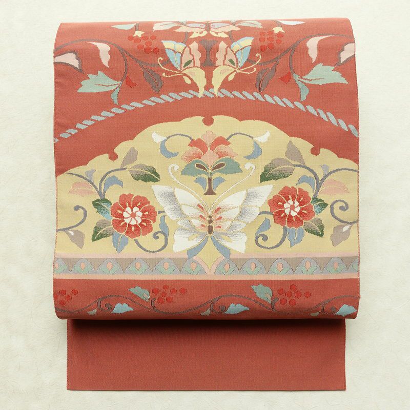 名古屋帯 太鼓柄 良品 つづれ織 正絹 蝶・昆虫柄 松葉仕立て なごや帯 リサイクル帯 帯 ピンク_画像1