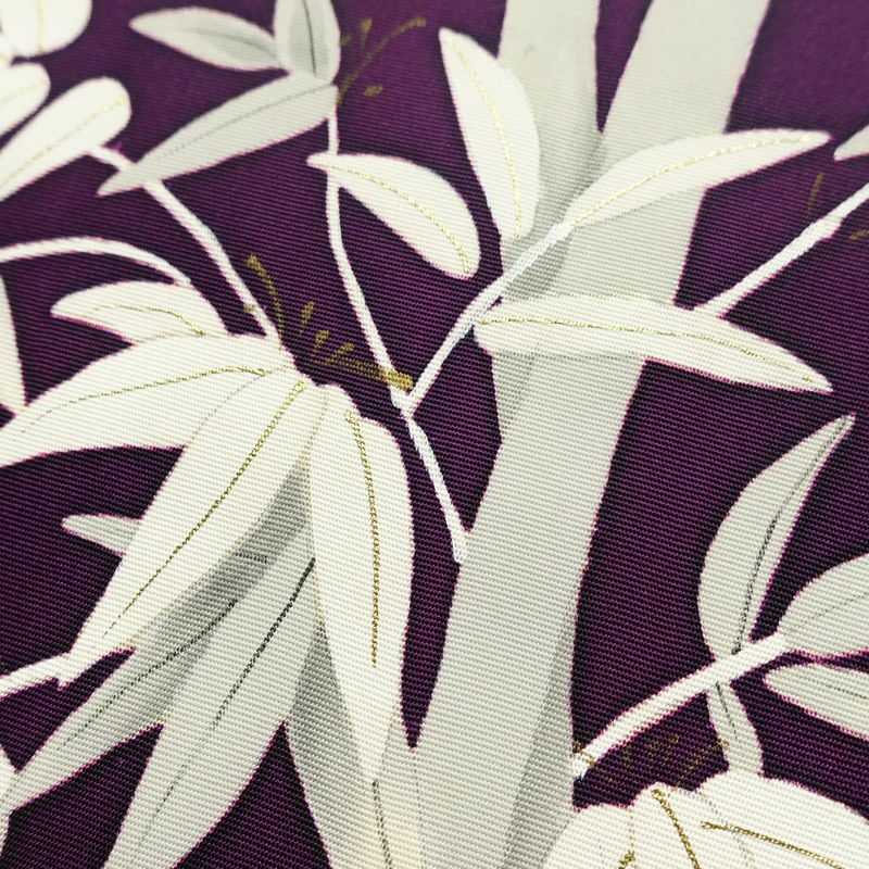 名古屋帯 太鼓柄 正絹 木の葉・植物柄 名古屋仕立て なごや帯 リサイクル帯 帯 笹 竹 紫・藤色_画像3