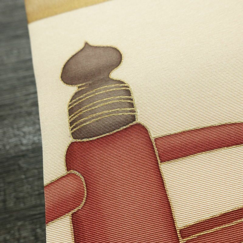 名古屋帯 太鼓柄 正絹 風景柄 名古屋仕立て なごや帯 リサイクル帯 帯 引箔 金彩 ベージュ_画像4