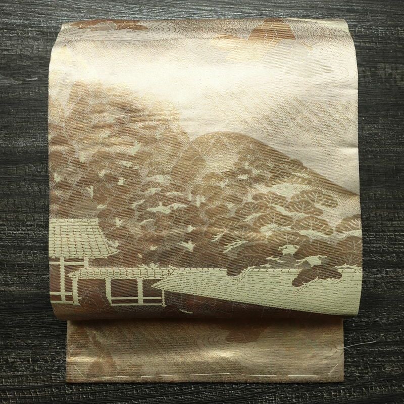 名古屋帯 六通柄 正絹 風景柄 名古屋仕立て なごや帯 リサイクル帯 帯 箔 引箔 金・銀_画像1