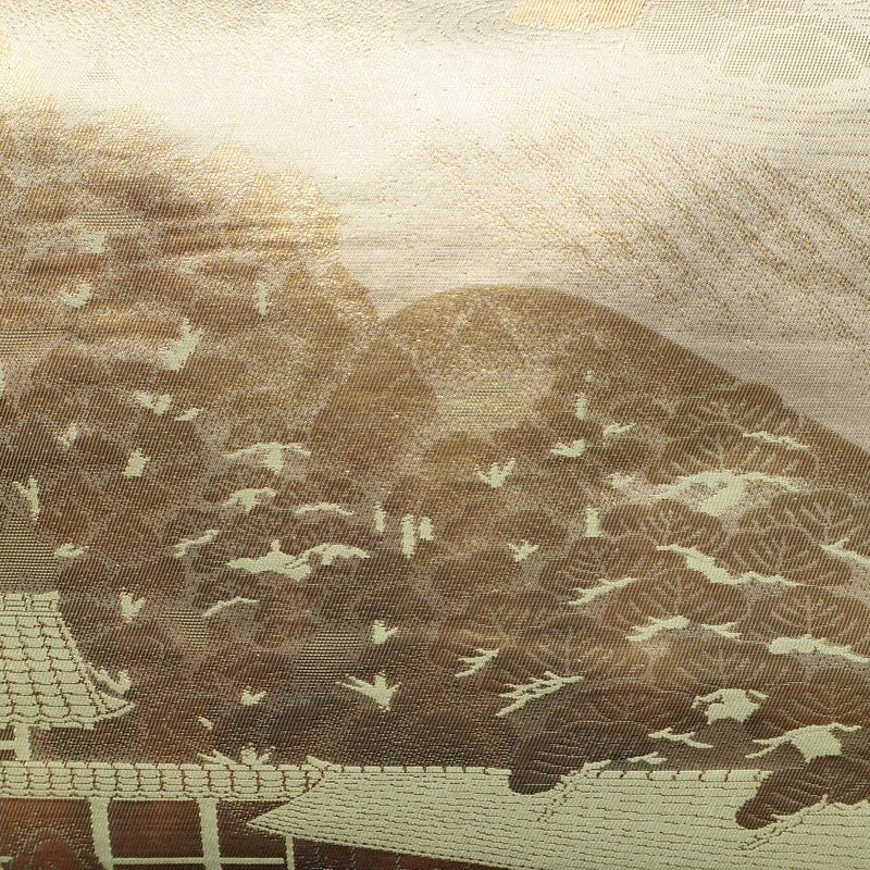 名古屋帯 六通柄 正絹 風景柄 名古屋仕立て なごや帯 リサイクル帯 帯 箔 引箔 金・銀_画像2