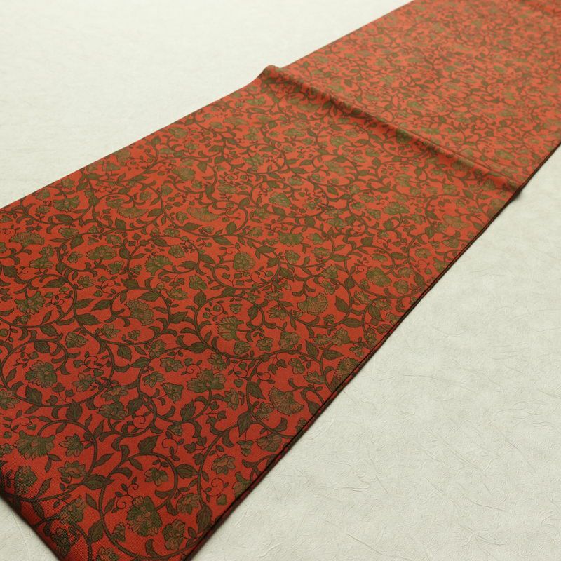 名古屋帯 全通柄 良品 正絹 木の葉・植物柄 名古屋仕立て なごや帯 リサイクル帯 帯 唐草 カジュアル 赤・朱_画像9