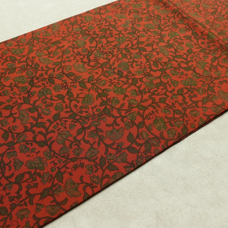 名古屋帯 全通柄 良品 正絹 木の葉・植物柄 名古屋仕立て なごや帯 リサイクル帯 帯 唐草 カジュアル 赤・朱_画像12