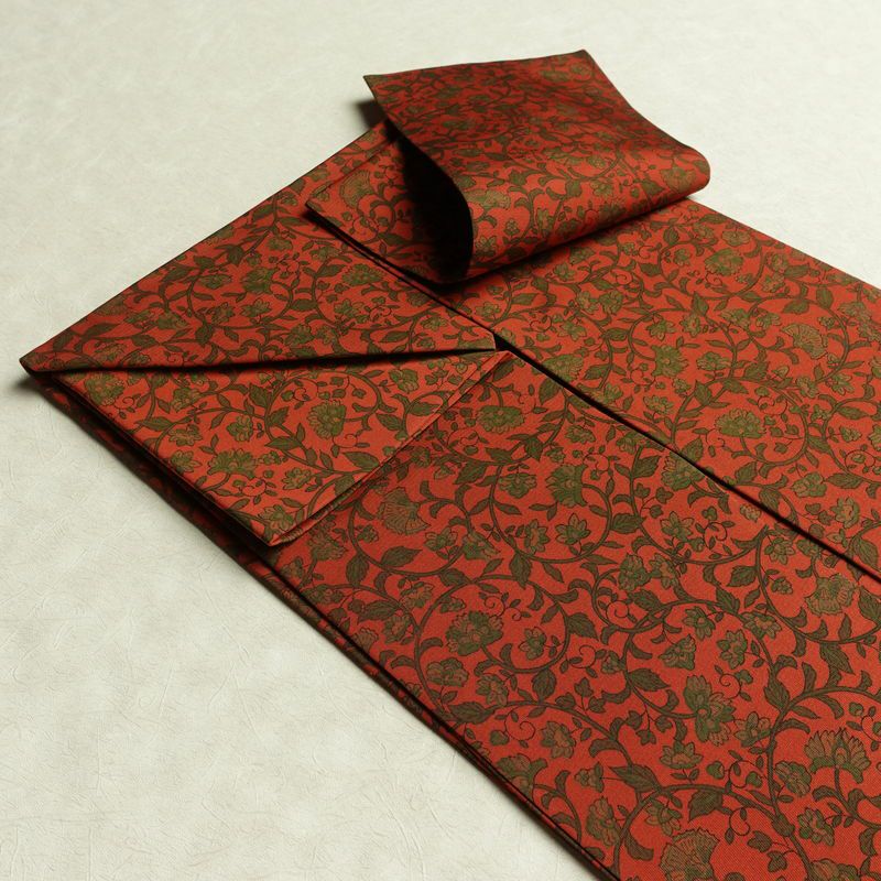 名古屋帯 全通柄 良品 正絹 木の葉・植物柄 名古屋仕立て なごや帯 リサイクル帯 帯 唐草 カジュアル 赤・朱_画像21