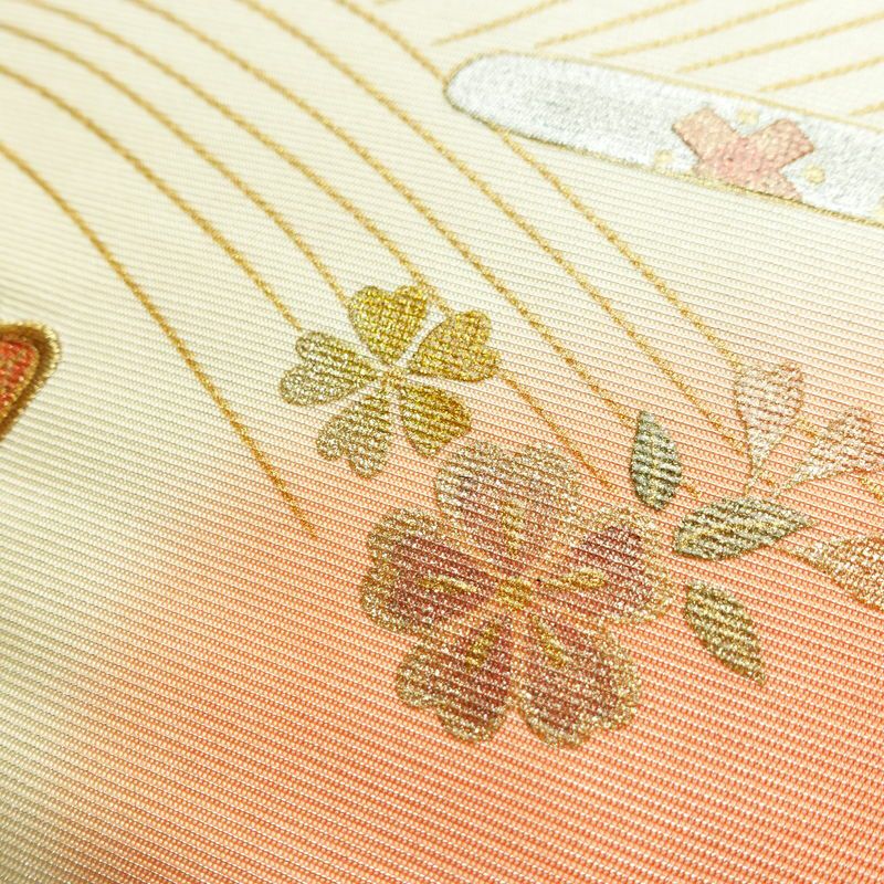 名古屋帯 太鼓柄 正絹 古典柄 名古屋仕立て なごや帯 リサイクル帯 帯 刺繍 箔 御所車 桜 金彩 多色使い_画像9