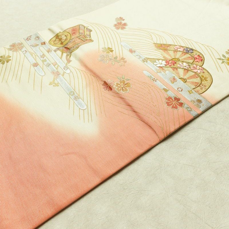 名古屋帯 太鼓柄 正絹 古典柄 名古屋仕立て なごや帯 リサイクル帯 帯 刺繍 箔 御所車 桜 金彩 多色使い_画像13