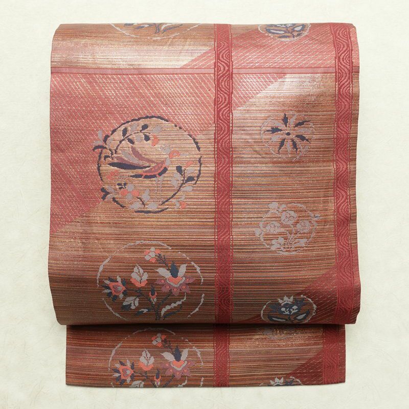 名古屋帯 六通柄 正絹 木の葉・植物柄 名古屋仕立て なごや帯 リサイクル帯 帯 箔 ピンク_画像1