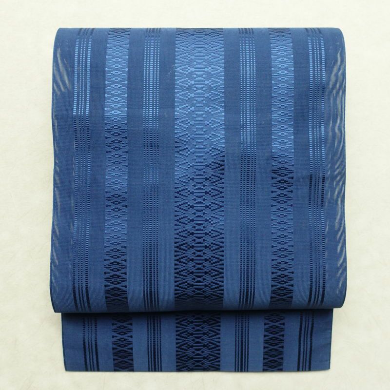 名古屋帯 全通柄 夏用 献上柄 正絹 縞柄・線柄 松葉仕立て リサイクル帯 帯 シンプル 青・紺_画像1