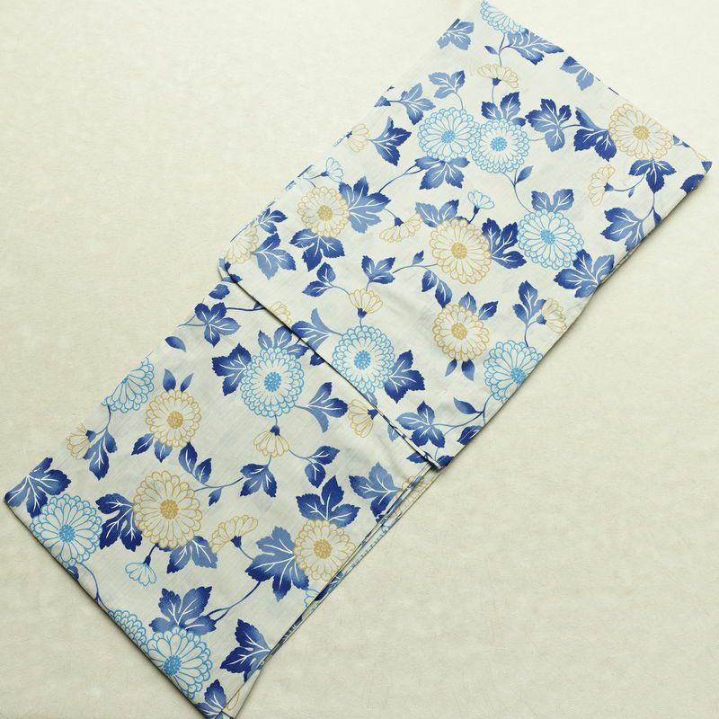 新品 浴衣 滝流れ織 国内染色 国内加工 女性用 綿 青 花 しつけ糸付き 未使用品 ゆかた レトロ シック モダン_画像1