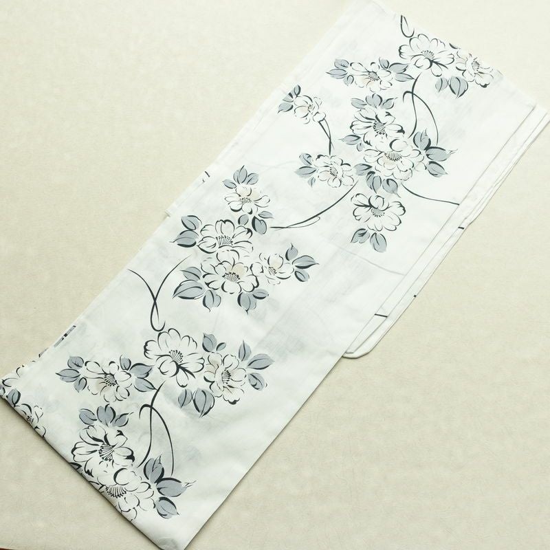 新品 浴衣 滝流れ織 国内染色 国内加工 女性用 綿 白 花 しつけ糸付き 未使用品 ゆかた レトロ シック モダン しっとり_画像2
