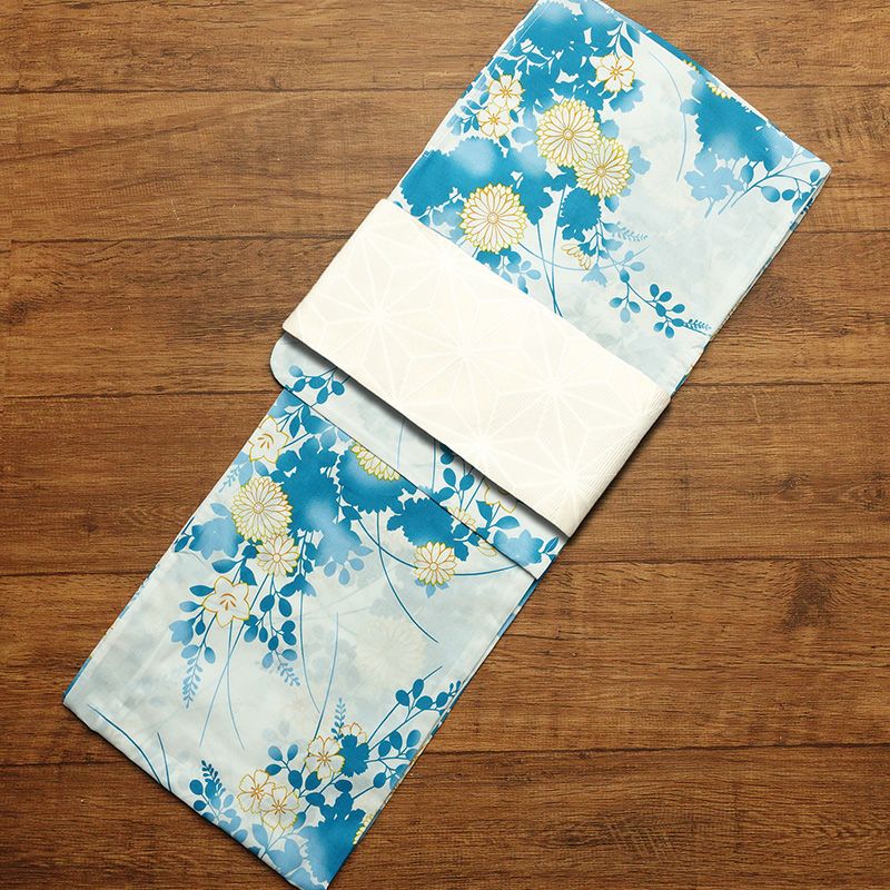 新品 浴衣 帯 2点セット 女性用 綿 平織 古典柄 浴衣 半幅帯 未使用品 花 青 蒼花 しっとり_画像1