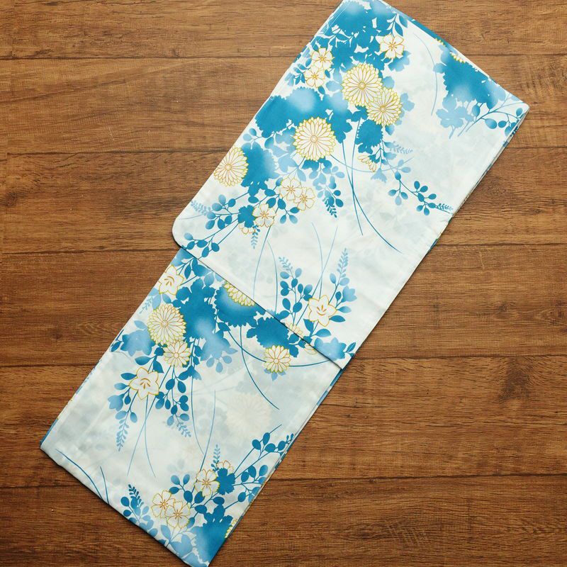 新品 浴衣 帯 2点セット 女性用 綿 平織 古典柄 浴衣 半幅帯 未使用品 花 青 蒼花 しっとり_画像2