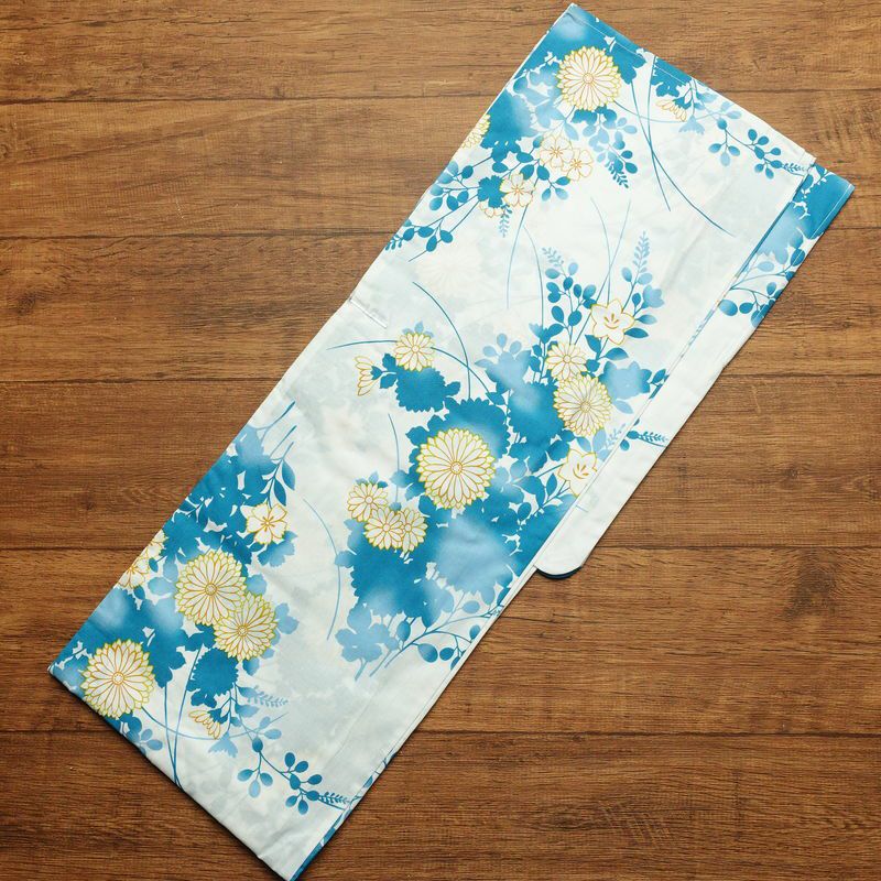 新品 浴衣 帯 2点セット 女性用 綿 平織 古典柄 浴衣 半幅帯 未使用品 花 青 蒼花 しっとり_画像3