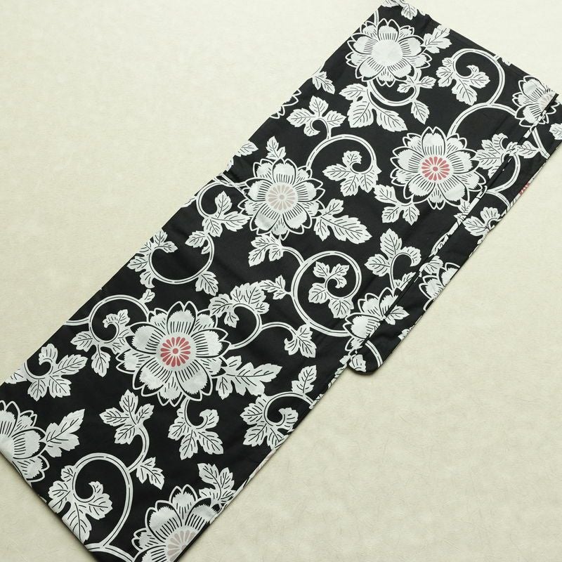 新品 浴衣 帯 2点セット 女性用 綿 平織 古典柄 浴衣 半幅帯 未使用品 唐草 黒_画像3