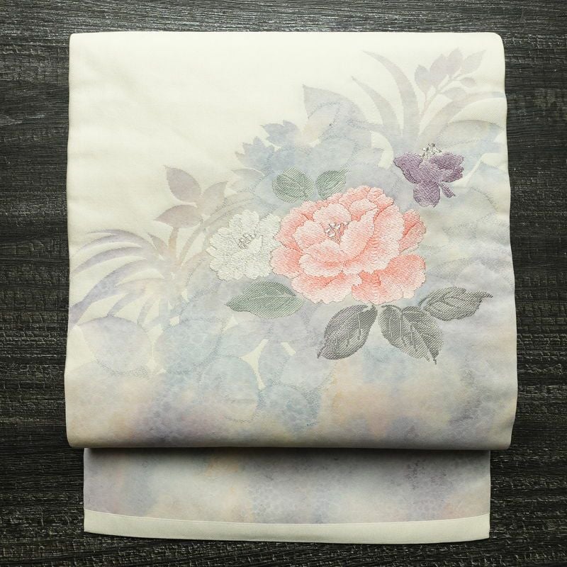 名古屋帯 太鼓柄 正絹 花柄 名古屋仕立て なごや帯 リサイクル帯 帯 シンプル 白_画像1