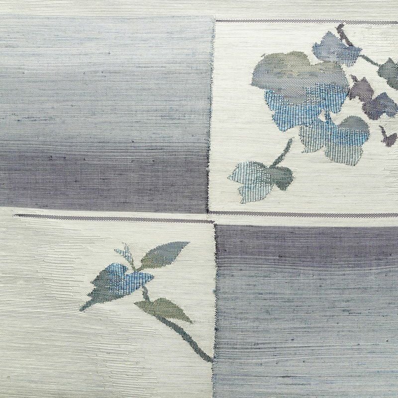 名古屋帯 太鼓柄 良品 正絹 木の葉・植物柄 松葉仕立て なごや帯 リサイクル帯 やまと誂製 帯 シンプル 紬地 青・紺_画像2